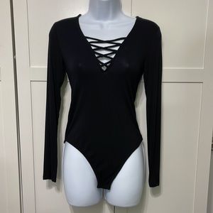 Francesca's Alya Black Long Sleeve Lattice Front Bodysuit Size XS EUC